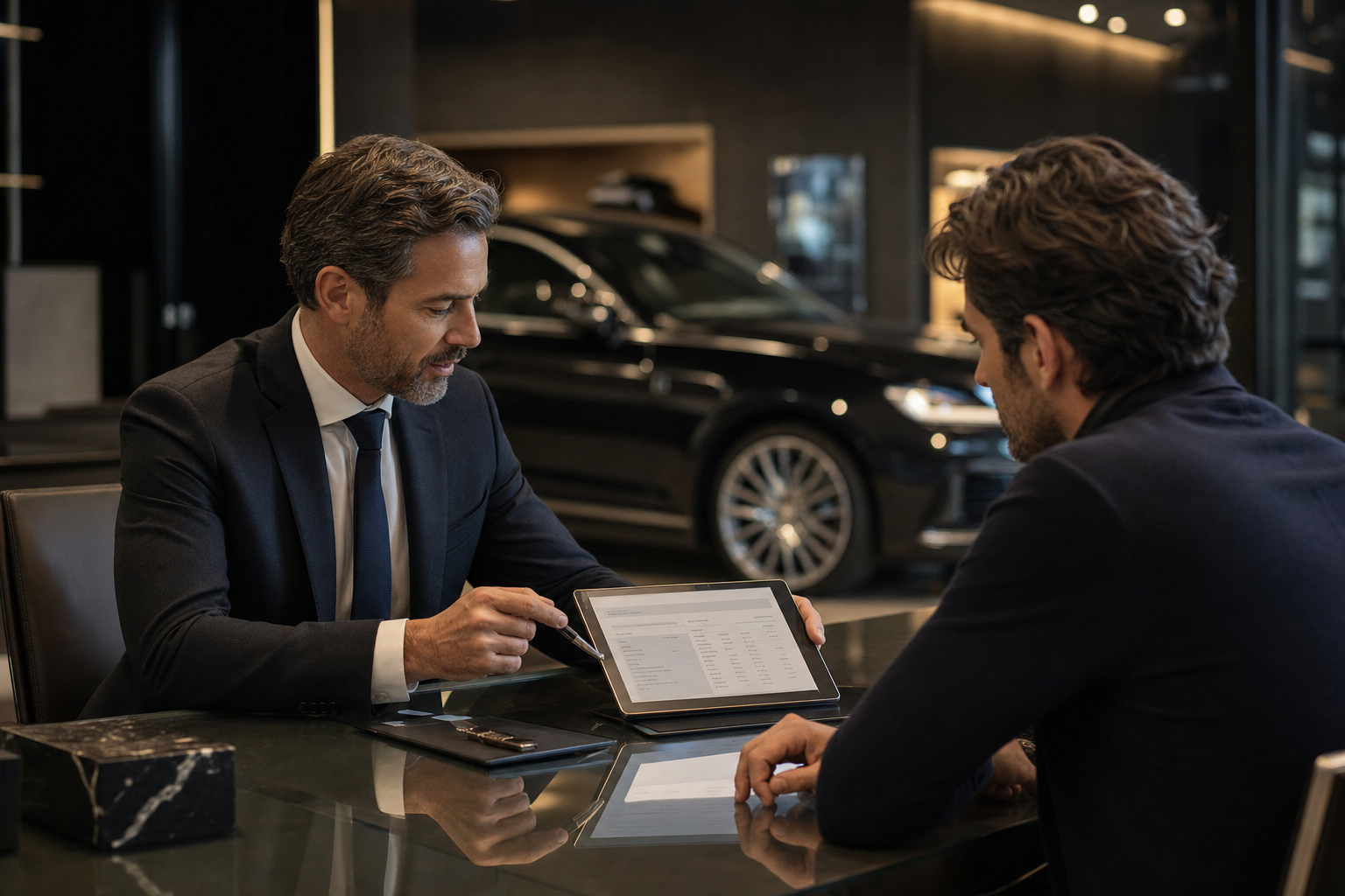 Consulente DEDO CAR illustra rata e TAEG su preventivo finanziamento in showroom