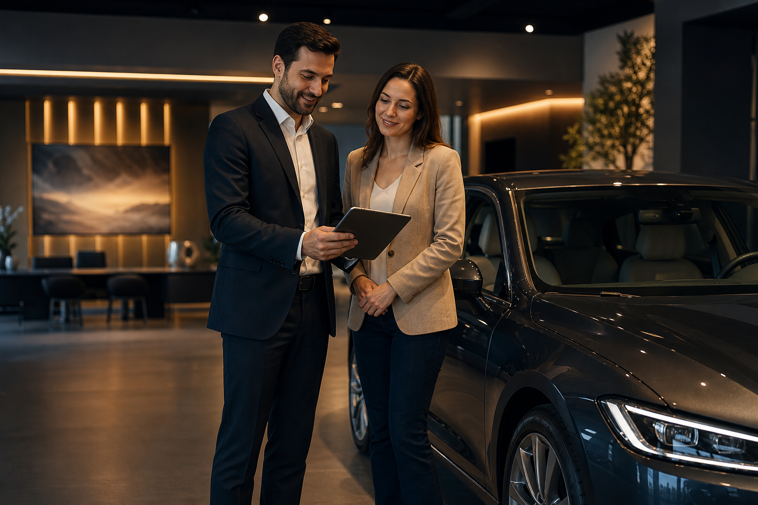 Simulazione rata su tablet in showroom con cliente e vettura selezionata