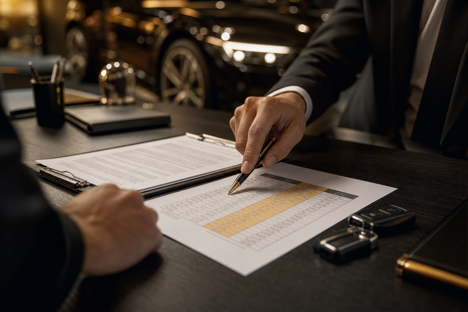 Contratto di finanziamento con rate, durata e costi illustrati su scrivania