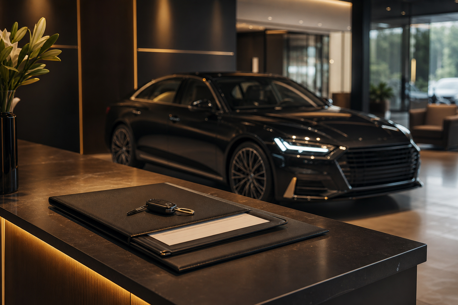 Showroom DEDO CAR: chiavi e preventivo noleggio su bancone, vettura pronta al ritiro