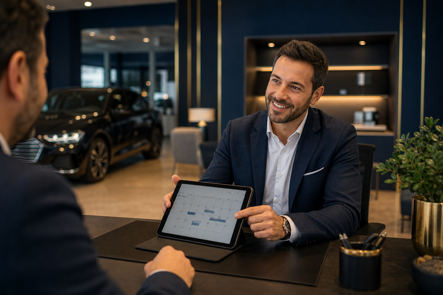 Consulente in showroom accoglie un cliente per prenotare test drive o consulenza
