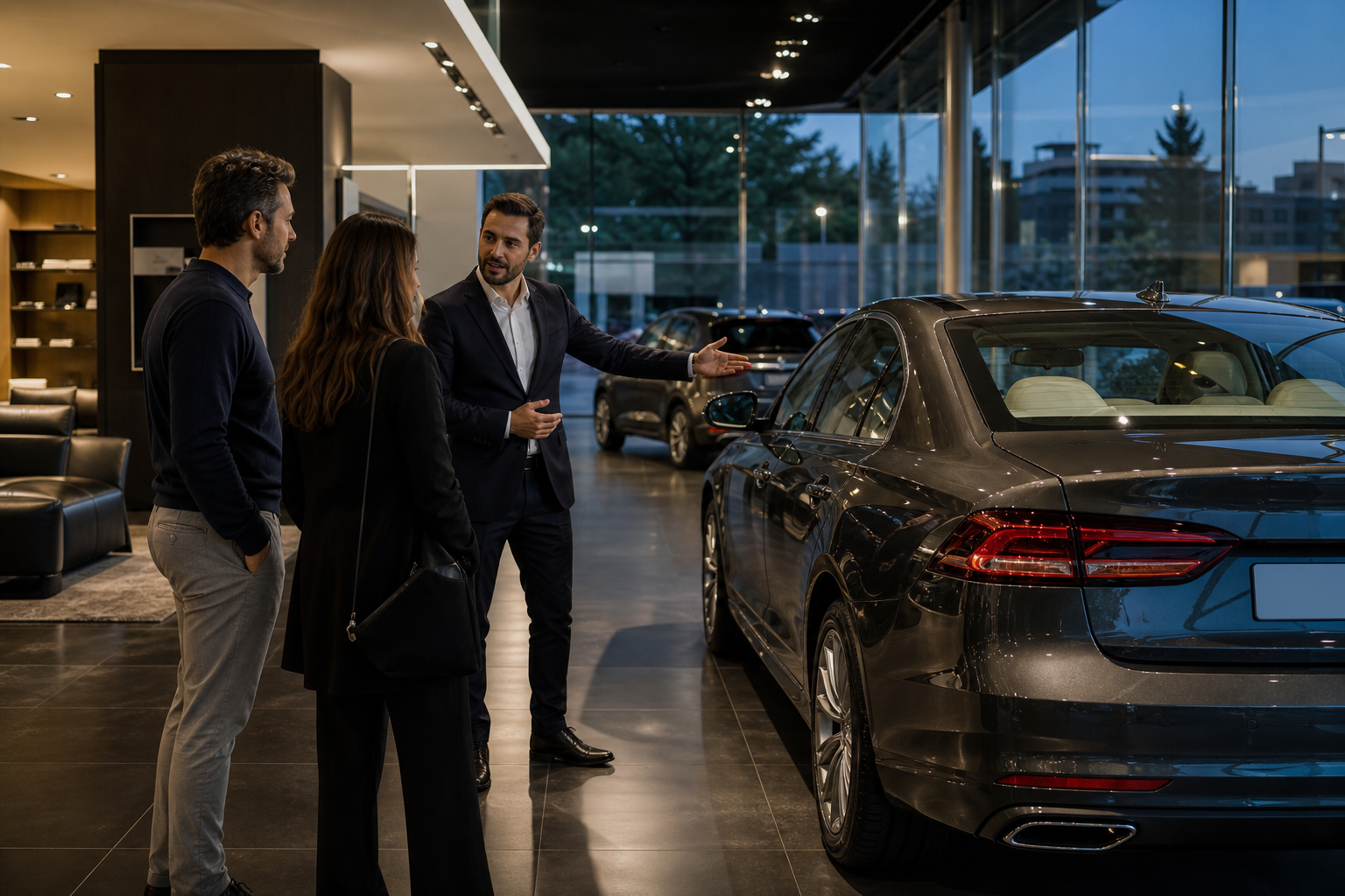 Showroom: consulente che presenta una vettura a una coppia in ambiente luminoso e professionale